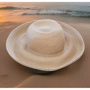 Eric‎ Javits Womens Packable Vintage Srraw Sun Hat Beige W/Pink Underside Beach